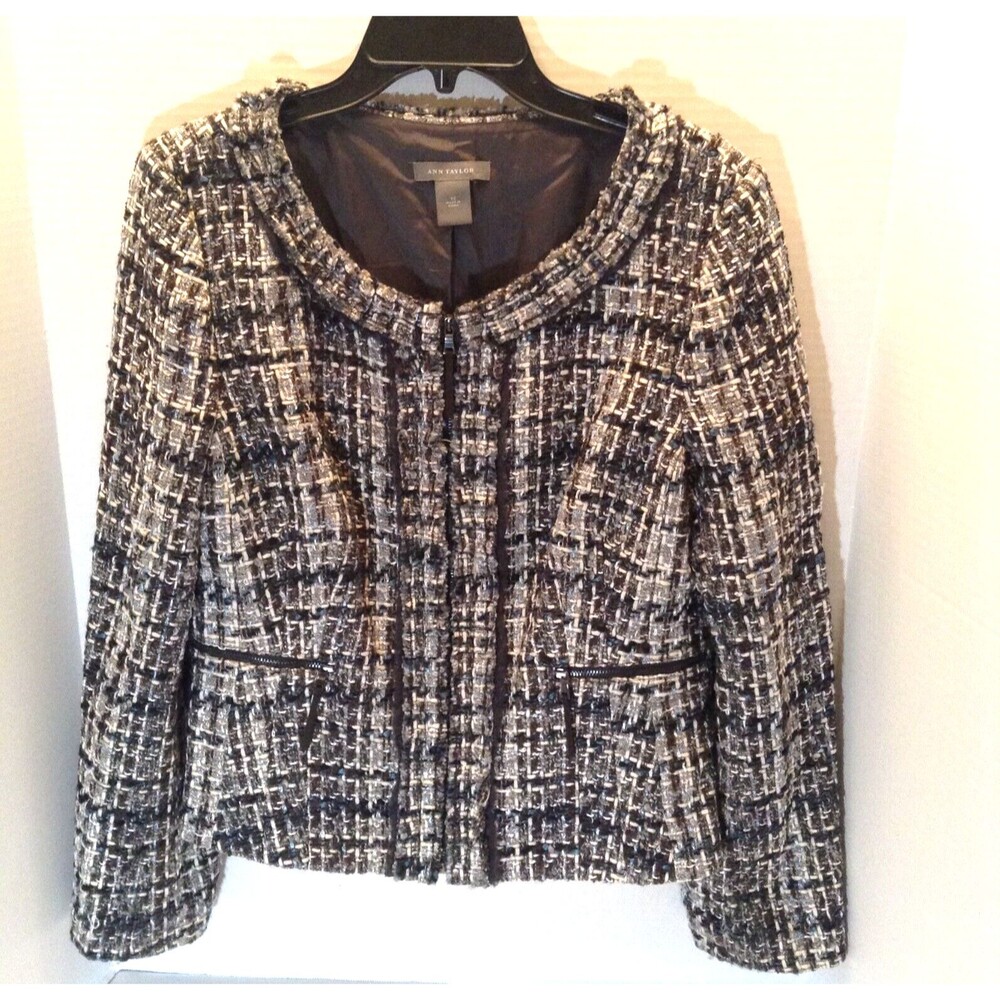 Ann Taylor Blazer Womens 12 Blue Black Tweed Wool Fringe Lined Career Preppy